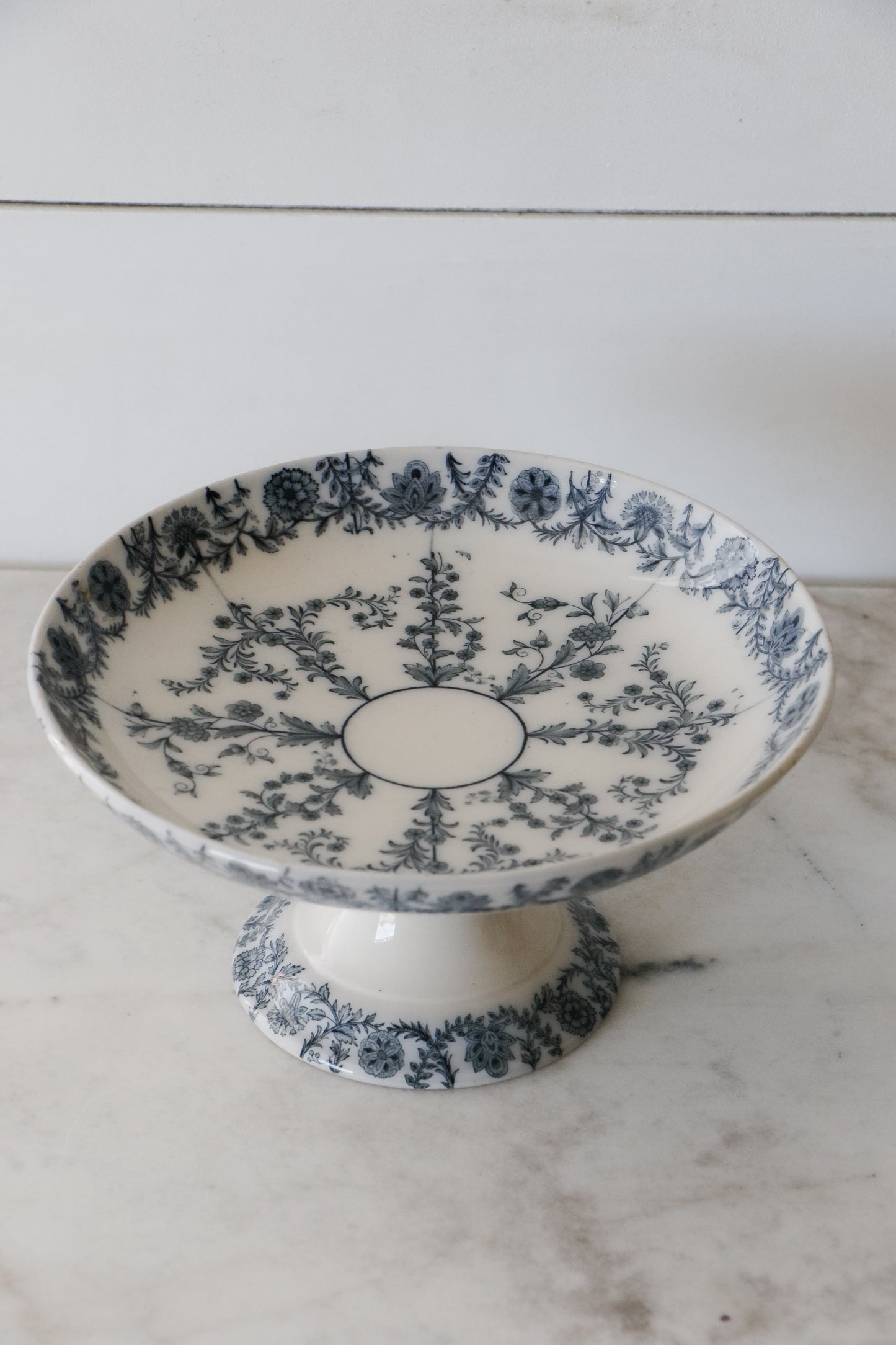Antique Blue Floral Compote